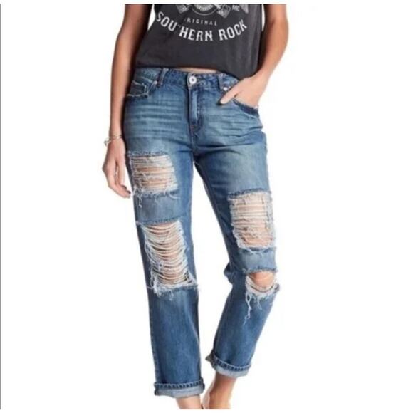 NEW B. O. G. Band of Gypsies Quinn Crop Jeans Distressed Medium Wash Womens 25 - Picture 1 of 10